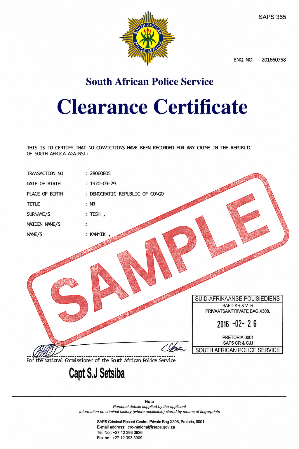 Sample SAPS Police Clearance Certificate